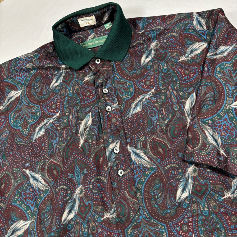 Michael Thomas Polo Shirt Mens Medium Green Paisley Feather Egyptian Cotton USA